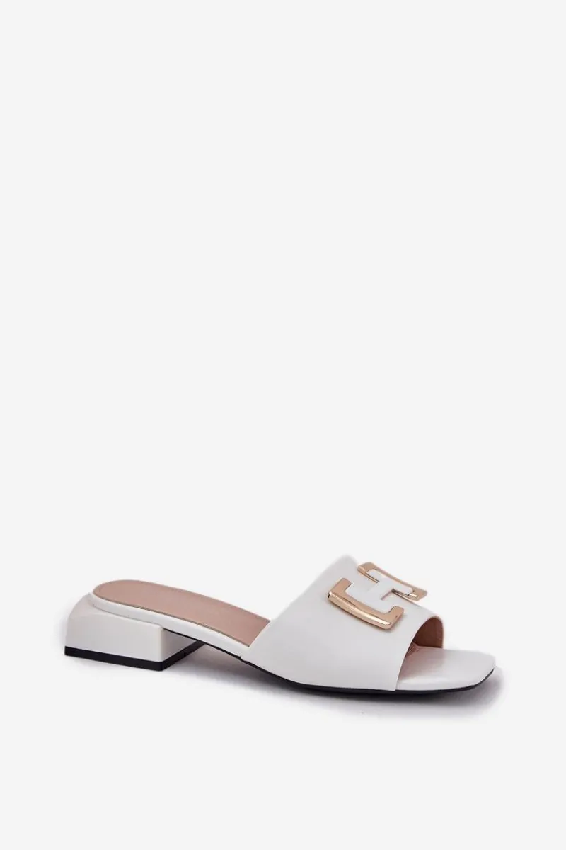 New Eleganckie Klapki Damskie Na Klocku Ze Złotym Detalem Vinceza 62229 Białe Damskie Klapki Na Obcasie