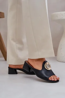 Hot Boto Eleganckie Klapki Damskie Na Niskim Obcasie Z Ozdobą Czarne Feledis