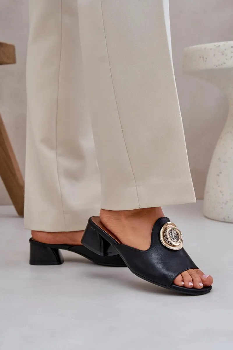 Hot Boto Eleganckie Klapki Damskie Na Niskim Obcasie Z Ozdobą Czarne Feledis