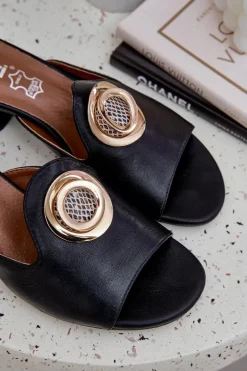 Hot Boto Eleganckie Klapki Damskie Na Niskim Obcasie Z Ozdobą Czarne Feledis