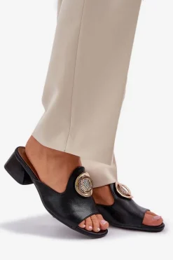 Hot Boto Eleganckie Klapki Damskie Na Niskim Obcasie Z Ozdobą Czarne Feledis