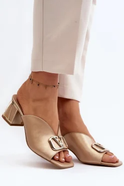 Sale Eleganckie Klapki Damskie Na Obcasie 2771 Złote Damskie Klapki Na Obcasie|Klapki Damskie Klasyczne