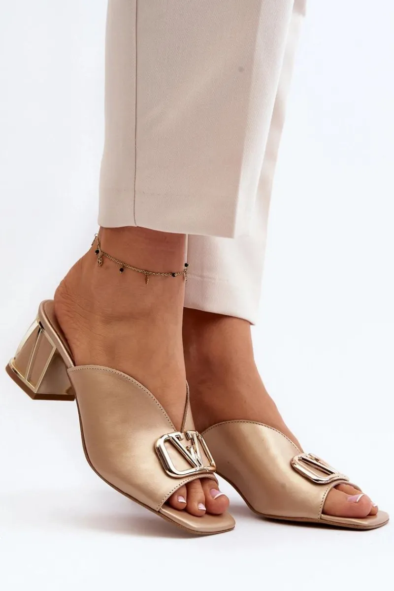 Sale Eleganckie Klapki Damskie Na Obcasie 2771 Złote Damskie Klapki Na Obcasie|Klapki Damskie Klasyczne