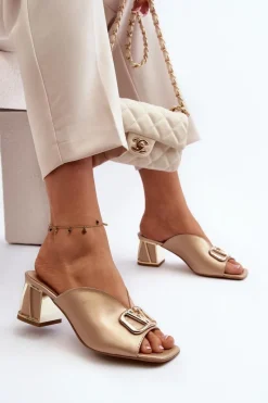 Sale Eleganckie Klapki Damskie Na Obcasie 2771 Złote Damskie Klapki Na Obcasie|Klapki Damskie Klasyczne