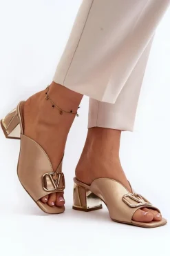 Sale Eleganckie Klapki Damskie Na Obcasie 2771 Złote Damskie Klapki Na Obcasie|Klapki Damskie Klasyczne