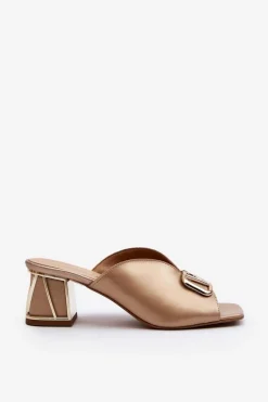 Sale Eleganckie Klapki Damskie Na Obcasie 2771 Złote Damskie Klapki Na Obcasie|Klapki Damskie Klasyczne