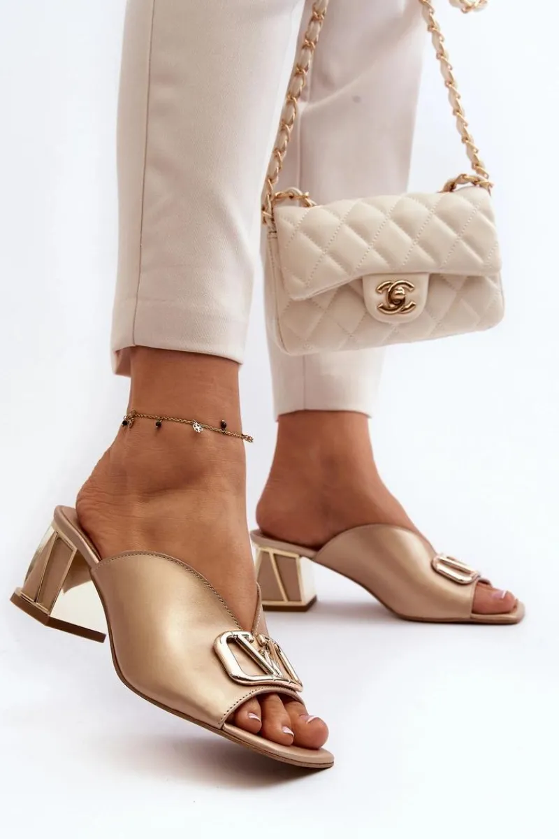 Sale Eleganckie Klapki Damskie Na Obcasie 2771 Złote Damskie Klapki Na Obcasie|Klapki Damskie Klasyczne