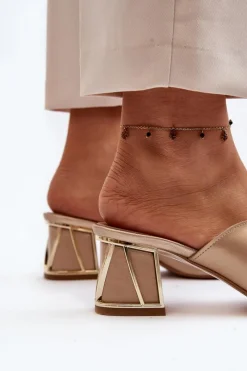 Sale Eleganckie Klapki Damskie Na Obcasie 2771 Złote Damskie Klapki Na Obcasie|Klapki Damskie Klasyczne