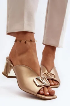 Sale Eleganckie Klapki Damskie Na Obcasie 2771 Złote Damskie Klapki Na Obcasie|Klapki Damskie Klasyczne