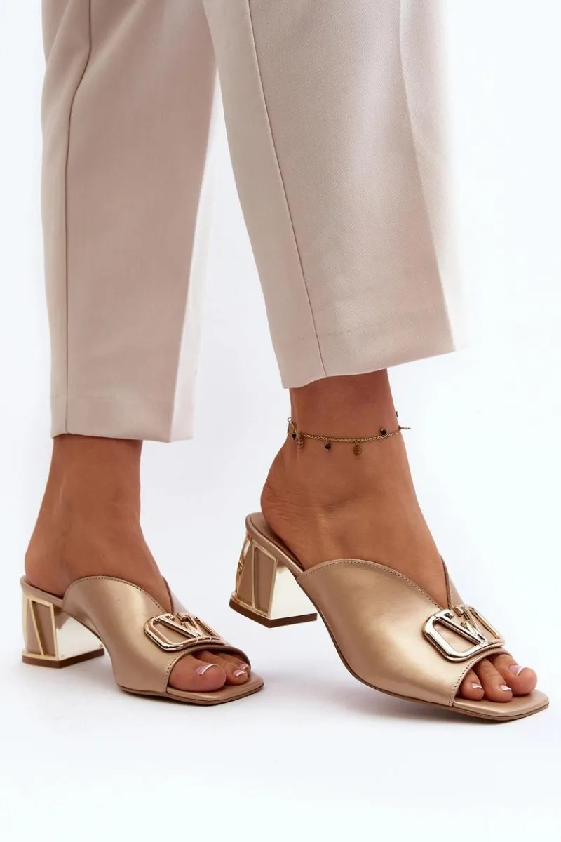 Sale Eleganckie Klapki Damskie Na Obcasie 2771 Złote Damskie Klapki Na Obcasie|Klapki Damskie Klasyczne