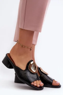 Clearance Eleganckie Klapki Damskie Na Niskim Obcasie Ze Złotą Ozdobą Czarne Uzimila Damskie Klapki Na Obcasie|Klapki Damskie Klasyczne