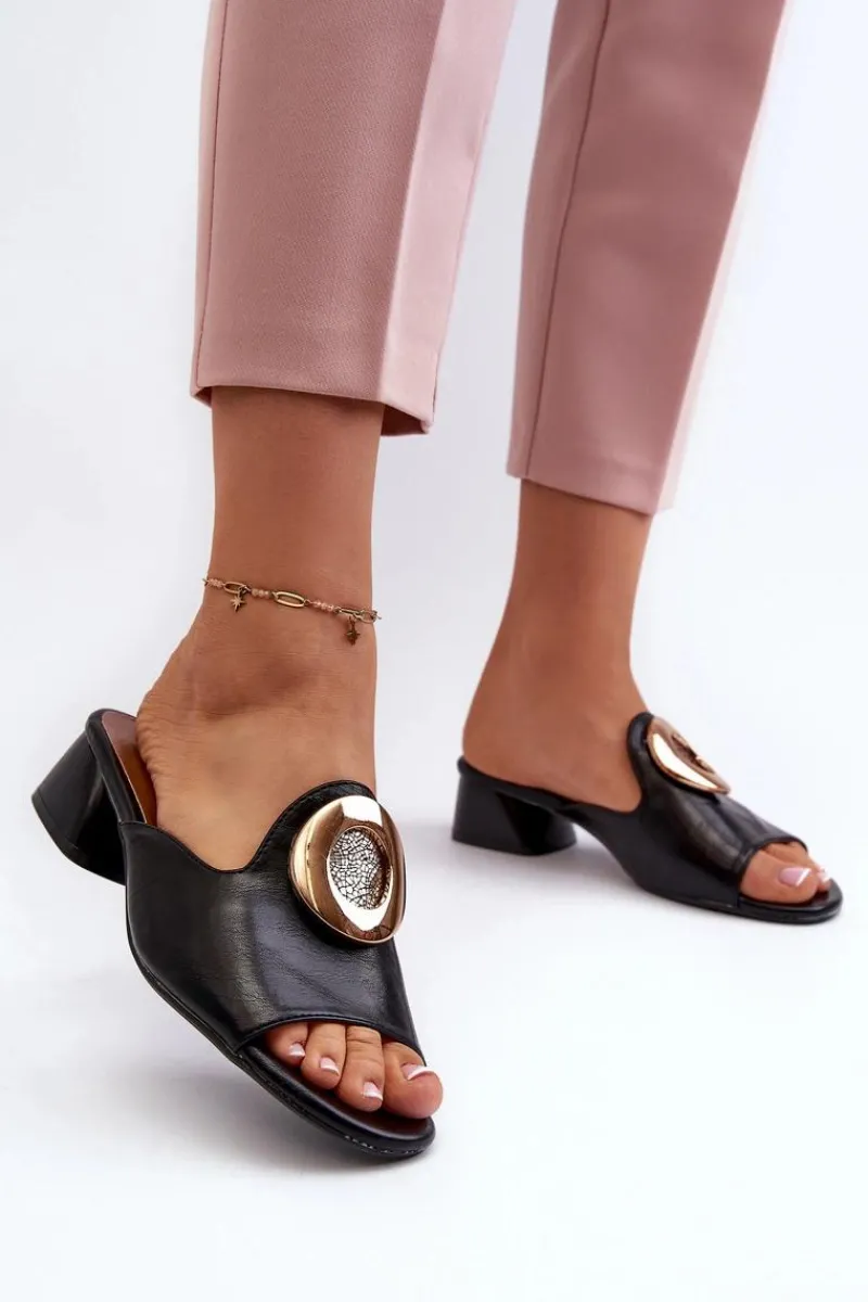 Clearance Eleganckie Klapki Damskie Na Niskim Obcasie Ze Złotą Ozdobą Czarne Uzimila Damskie Klapki Na Obcasie|Klapki Damskie Klasyczne
