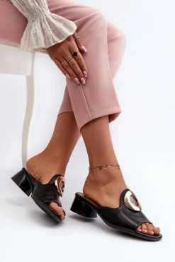 Clearance Eleganckie Klapki Damskie Na Niskim Obcasie Ze Złotą Ozdobą Czarne Uzimila Damskie Klapki Na Obcasie|Klapki Damskie Klasyczne