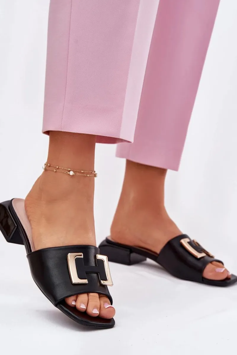 Discount Buty damskie Vinceza Eleganckie Klapki Damskie Na Klocku Ze Złotym Detalem Vinceza 62229 Czarne Czarny