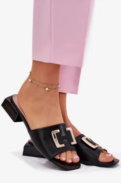 Discount Buty damskie Vinceza Eleganckie Klapki Damskie Na Klocku Ze Złotym Detalem Vinceza 62229 Czarne Czarny