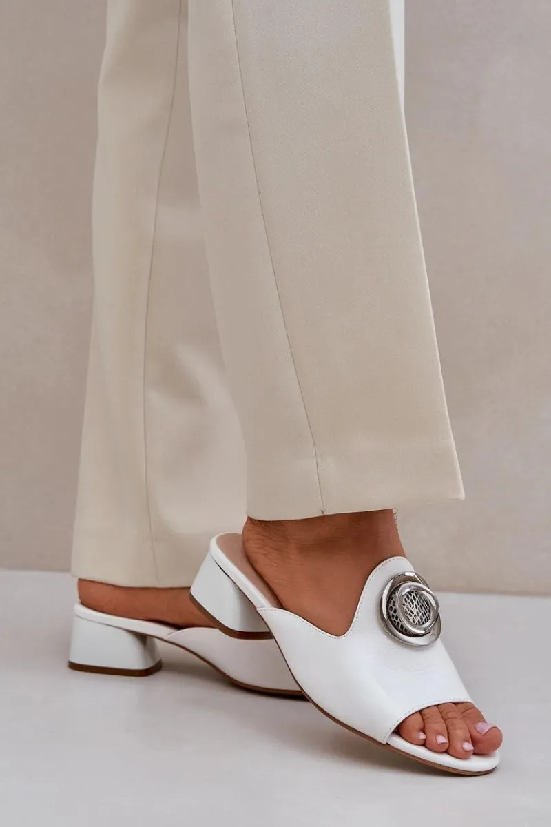 Hot Boto Eleganckie Klapki Damskie Na Niskim Obcasie Z Ozdobą Białe Feledis