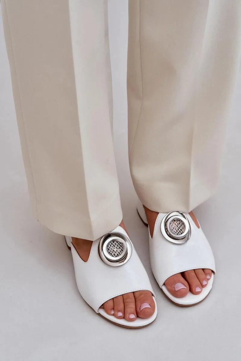 Hot Boto Eleganckie Klapki Damskie Na Niskim Obcasie Z Ozdobą Białe Feledis