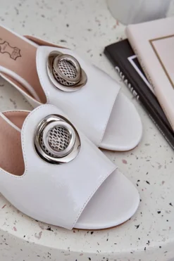 Hot Boto Eleganckie Klapki Damskie Na Niskim Obcasie Z Ozdobą Białe Feledis