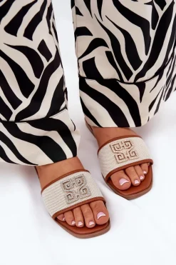 Discount Eleganckie Klapki Damskie Z Ozdobą Na Płaskim Obcasie Camel Lovehia Damskie Klapki Damskie Klasyczne