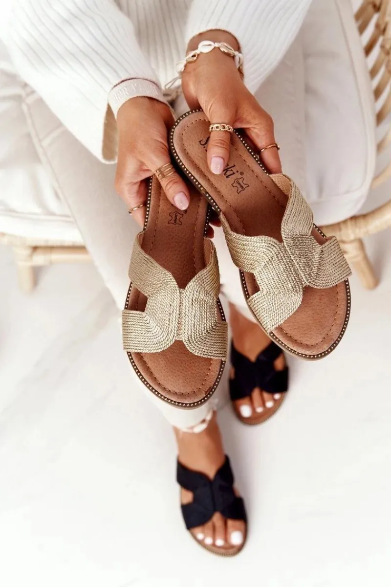 Outlet Damskie buty S.Barski Eleganckie Klapki Damskie S.Barski Złote