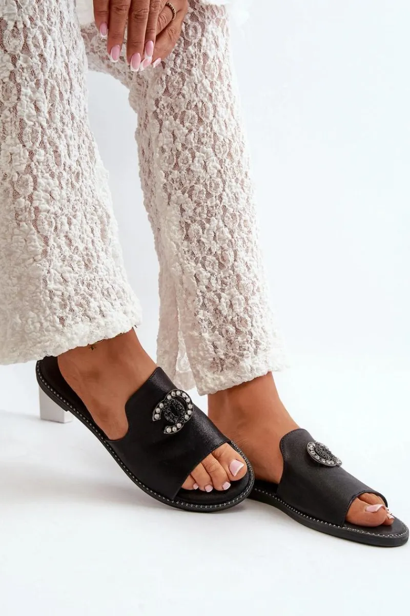 Klapki Damskie Klasyczne>Damskie buty S.Barski Eleganckie Klapki Damskie Błyszczące Z Ozdobą S.Barski KV27-050 Czarne Czarny