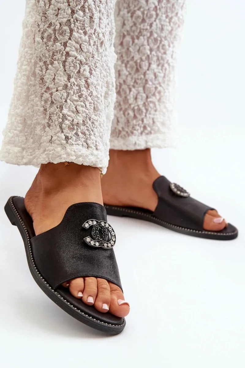 Klapki Damskie Klasyczne>Damskie buty S.Barski Eleganckie Klapki Damskie Błyszczące Z Ozdobą S.Barski KV27-050 Czarne Czarny