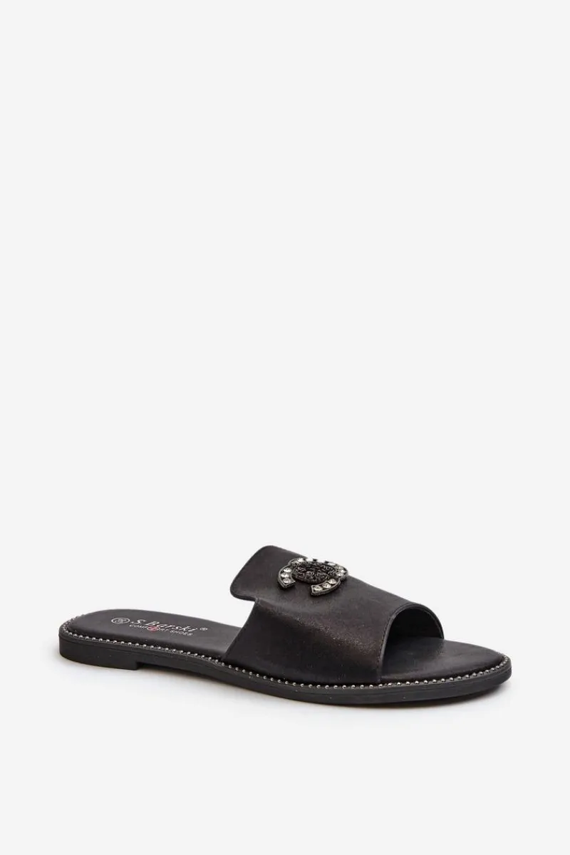 Klapki Damskie Klasyczne>Damskie buty S.Barski Eleganckie Klapki Damskie Błyszczące Z Ozdobą S.Barski KV27-050 Czarne Czarny