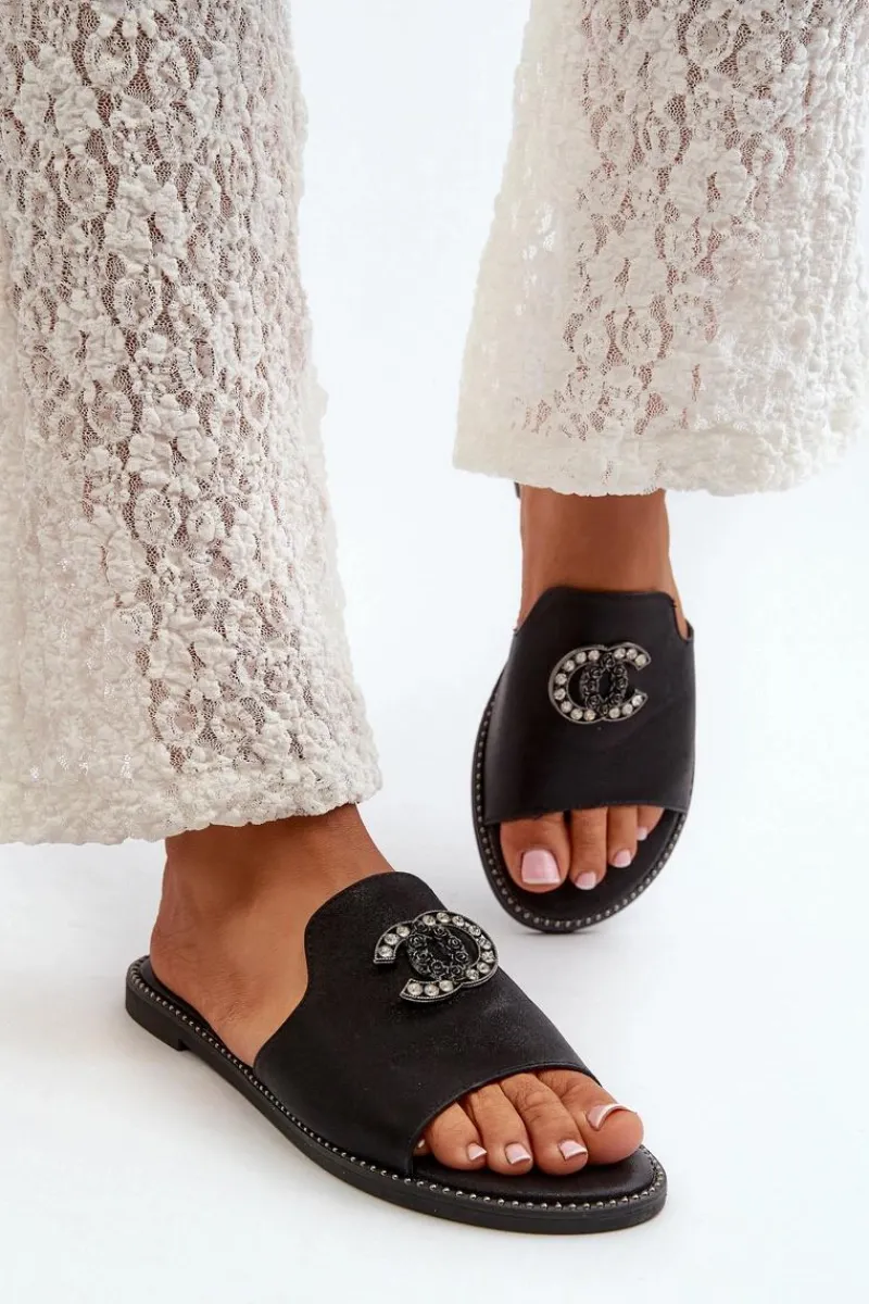 Klapki Damskie Klasyczne>Damskie buty S.Barski Eleganckie Klapki Damskie Błyszczące Z Ozdobą S.Barski KV27-050 Czarne Czarny