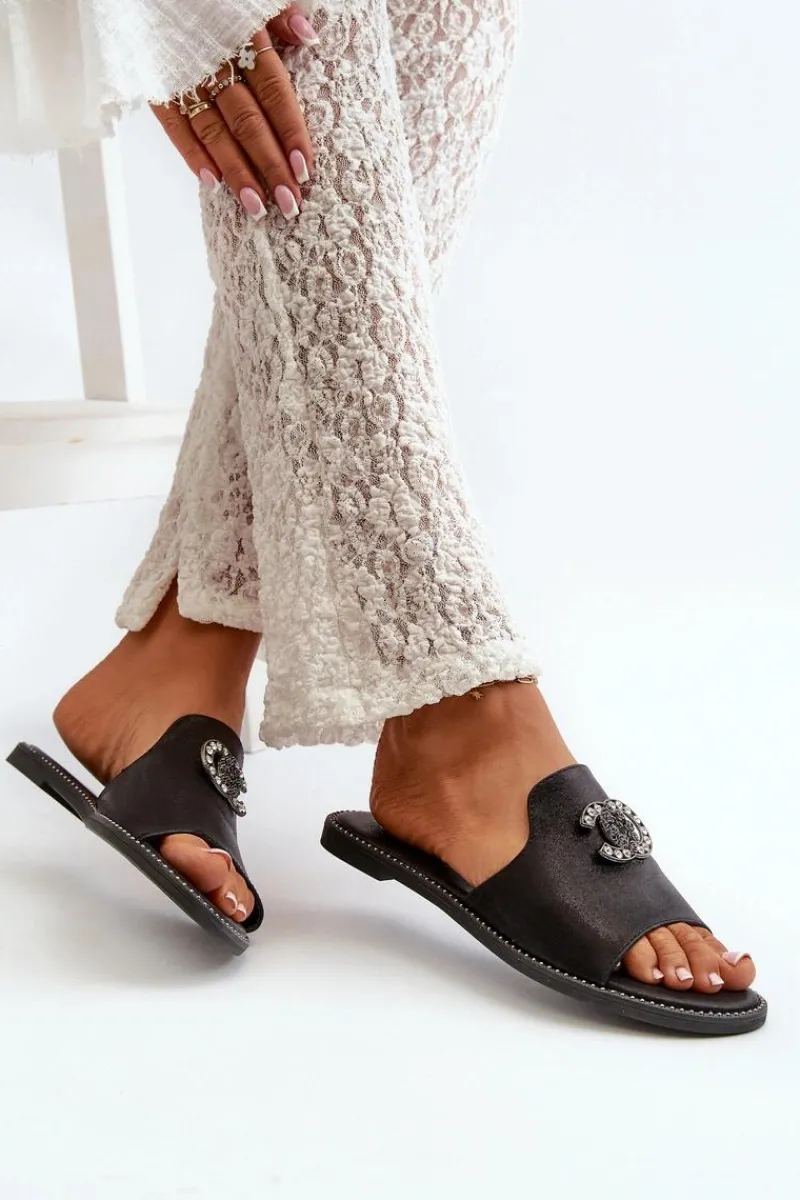 Klapki Damskie Klasyczne>Damskie buty S.Barski Eleganckie Klapki Damskie Błyszczące Z Ozdobą S.Barski KV27-050 Czarne Czarny