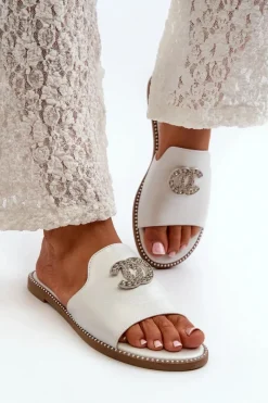 Hot Damskie buty S.Barski Eleganckie Klapki Damskie Błyszczące Z Ozdobą S.Barski KV27-050 Srebrne Srebrny