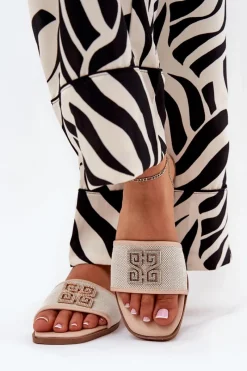 Eleganckie Klapki Damskie Z Ozdobą Na Płaskim Obcasie Beżowe Lovehia Damskie Klapki Damskie Klasyczne