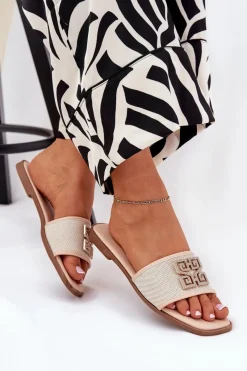 Eleganckie Klapki Damskie Z Ozdobą Na Płaskim Obcasie Beżowe Lovehia Damskie Klapki Damskie Klasyczne