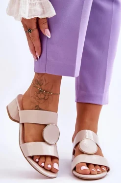 Hot Eleganckie Klapki Na Obcasie Sergio Leone KL310 Beżowe Damskie Klapki Na Obcasie|Klapki Damskie Klasyczne