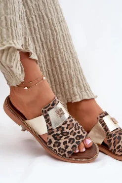 Sale Eleganckie Klapki Ze Skóry Naturalnej Na Płaskim Obcasie 40423 Panterka Damskie Klapki Damskie Klasyczne
