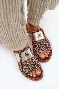 Sale Eleganckie Klapki Ze Skóry Naturalnej Na Płaskim Obcasie 40423 Panterka Damskie Klapki Damskie Klasyczne