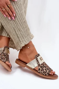 Sale Eleganckie Klapki Ze Skóry Naturalnej Na Płaskim Obcasie 40423 Panterka Damskie Klapki Damskie Klasyczne