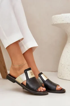 Klapki Damskie Klasyczne>Zazoo Eleganckie Klapki Ze Skóry Naturalnej Na Płaskim Obcasie 40423 Czarne Czarny