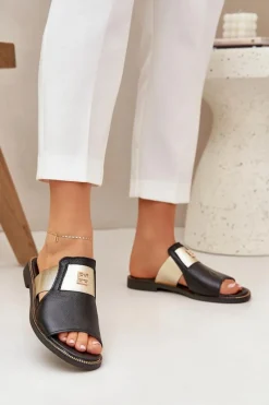 Klapki Damskie Klasyczne>Zazoo Eleganckie Klapki Ze Skóry Naturalnej Na Płaskim Obcasie 40423 Czarne Czarny