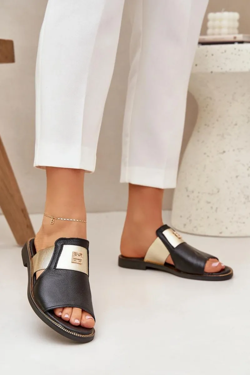 Klapki Damskie Klasyczne>Zazoo Eleganckie Klapki Ze Skóry Naturalnej Na Płaskim Obcasie 40423 Czarne Czarny