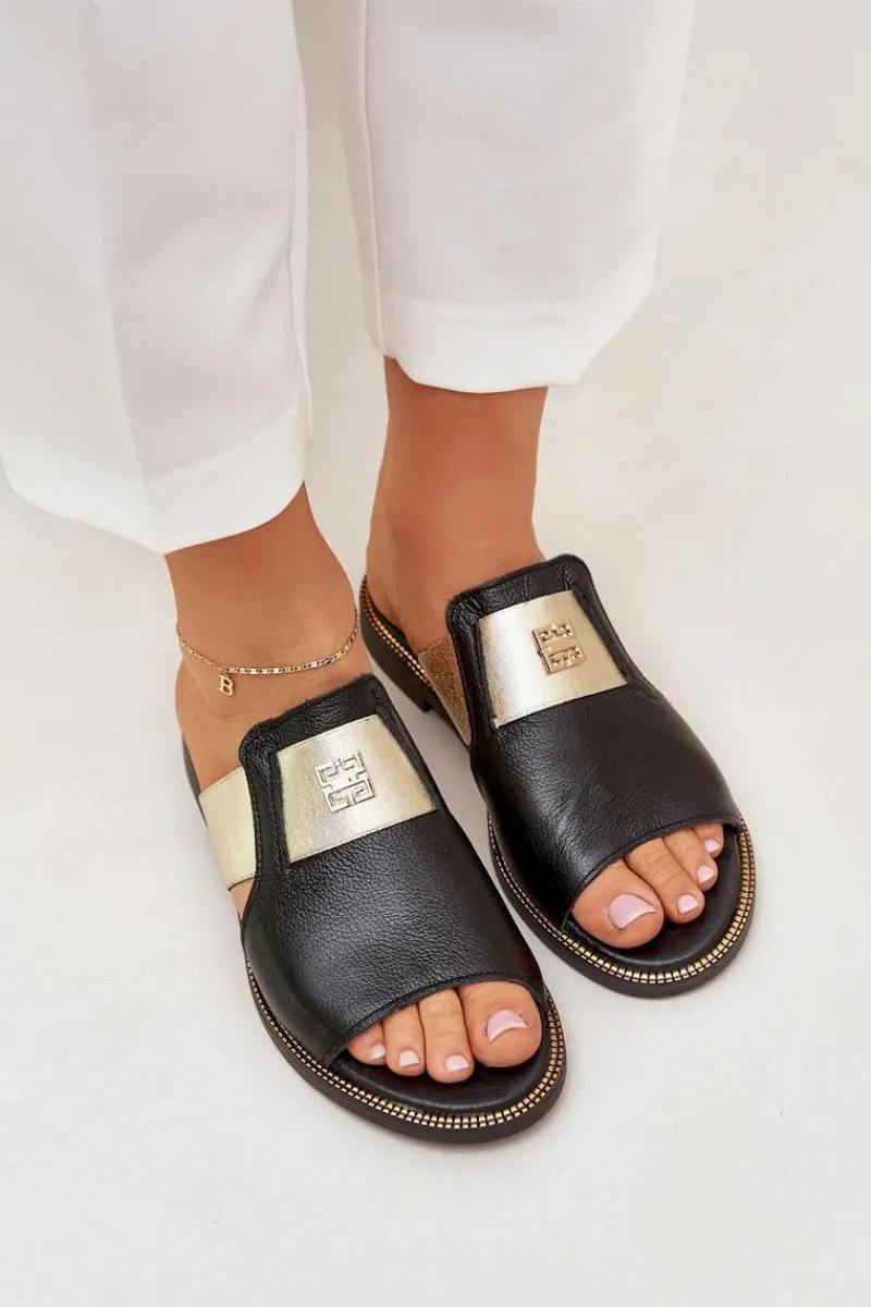 Klapki Damskie Klasyczne>Zazoo Eleganckie Klapki Ze Skóry Naturalnej Na Płaskim Obcasie 40423 Czarne Czarny