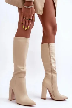 Outlet Eleganckie Kozaki Na Obcasie Skórzane Beżowe Eudonice Damskie Kozaki Przed Kolano|Kozaki Na Obcasie