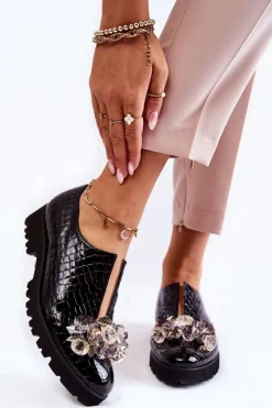 New Boto Eleganckie Lakierowane Półbuty Z Ozdobą Krokodyl Czarne Cindy Czarny