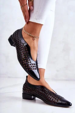 Best Eleganckie Lakierowane Skórzane Półbuty Ażurowe Czarne Ismena Damskie Półbuty Lakierowane|Półbuty Skórzane