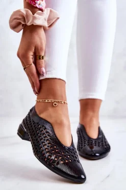 Best Eleganckie Lakierowane Skórzane Półbuty Ażurowe Czarne Ismena Damskie Półbuty Lakierowane|Półbuty Skórzane