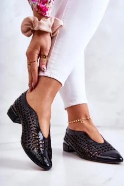 Best Eleganckie Lakierowane Skórzane Półbuty Ażurowe Czarne Ismena Damskie Półbuty Lakierowane|Półbuty Skórzane