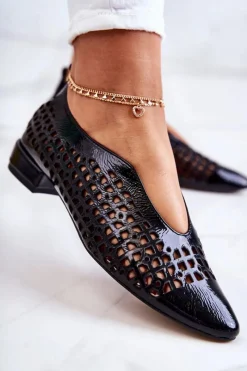 Best Eleganckie Lakierowane Skórzane Półbuty Ażurowe Czarne Ismena Damskie Półbuty Lakierowane|Półbuty Skórzane