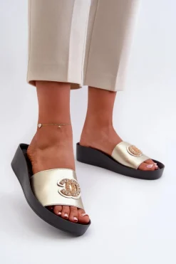 Online Eleganckie Lekkie Klapki Damskie Z Ozdobą Skóra Naturalna S.Barski KV27-013 Złote Damskie Klapki Na Koturnie|Klapki Na Platformie