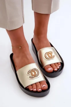 Online Eleganckie Lekkie Klapki Damskie Z Ozdobą Skóra Naturalna S.Barski KV27-013 Złote Damskie Klapki Na Koturnie|Klapki Na Platformie