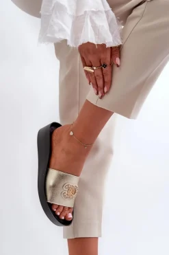 Online Eleganckie Lekkie Klapki Damskie Z Ozdobą Skóra Naturalna S.Barski KV27-013 Złote Damskie Klapki Na Koturnie|Klapki Na Platformie