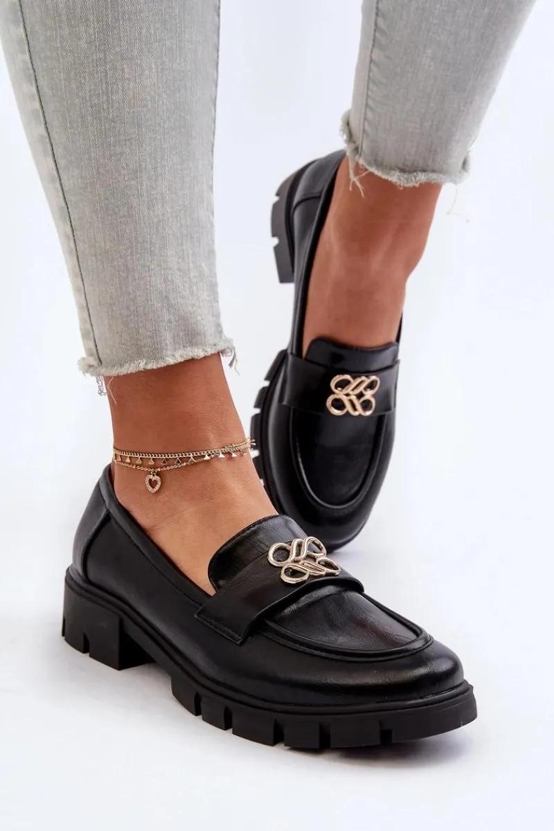 Loafersy Damskie|Mokasyny Damskie Skórzane>Boto Eleganckie Mokasyny Damskie Ze Złotą Ozdobą Czarne Tosisa